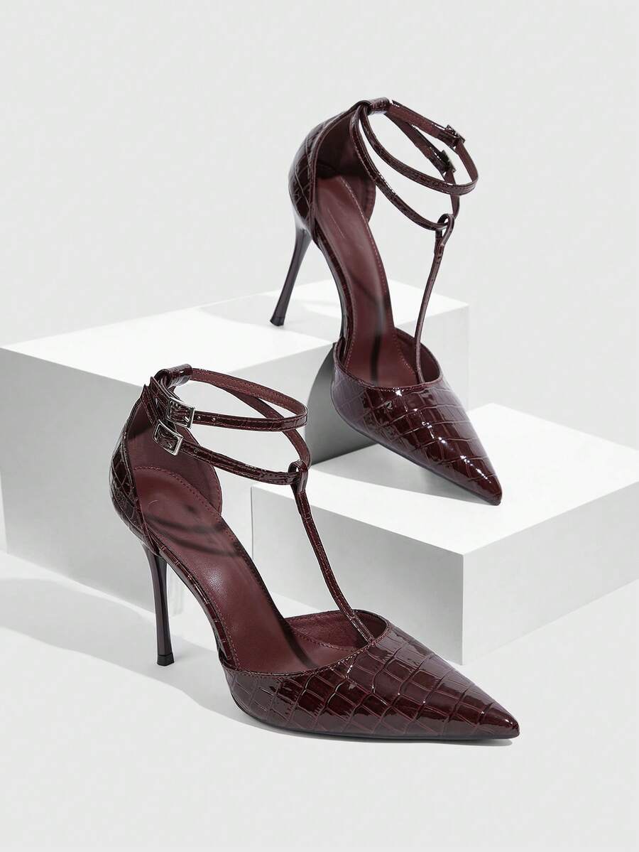 CUCCOO SZL Women's Casual Fashionable Simple Ankle Strap Pointed Toe High Heels, Summer - 19-62 Burgundy - View 1