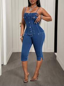 Slaydiva Bộ áo liền quần denim hai dây cài cúc phía trước và quần jean bó có chi tiết nắp gập. - Màu xanh lam - Xem 3