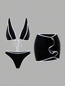Swim Oasis 女士三件套泳衣，黑白拼接褶皱系带露背设计，夏季海滩度假装 - 黑與白 - 查看 5