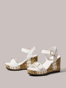Styleloop Europäischer & amerikanischer Stil braune High Heel Sandalen, Sommer offene Zehe Spitze Hohlmuster Urlaubs Pantoffeln, Slides Outdoor Keilplattform Sandalen für Frauen Frühlingssschuhe Frühlingsferien Ostern - Weiß + Sandalen - View 2