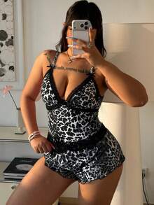 ZzzCrew Sexy Leopard Print Comfortable Lace Trim Bow Camisole & Shorts Sleepwear Set, Plus Size - Black - View 7