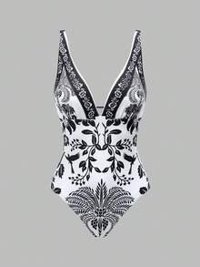 Swim Oasis 女士沙滩套装，优雅休闲波西米亚风蓝白热带椰树花卉印花连体泳衣及沙滩罩衫高端两件套 - 黑與白 - 查看 3