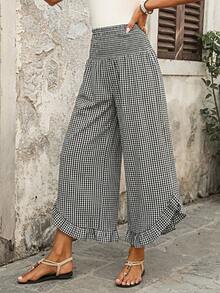 EMERY ROSE Quần nữ kẻ caro gấu nhún bèo, kiểu dáng thường ngày đa năng. - Đen và trắng - Xem 5