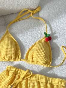 Swim Vcay Bộ bikini 3 mảnh màu trơn mới, gợi cảm, thích hợp cho bãi biển/hồ bơi, tiệc tùng, kỳ nghỉ, gồm áo yếm và quần buộc dây bên hông, được làm từ chất liệu đặc biệt, dành cho nữ. - Màu vàng - Xem 2