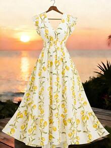 Ellevyn Women's Elegant Vacation Fruit Print Shirred Shirred Waist A-Line Ruffle Hem Dress, Suitable For Vacation, Beach, Summer, Outing, Date, Commute And Multiple Occasions,Summer Dresses For Women Lemon Print Dress Yellow Dress Women Smocked Waist Dress V-Neck Maxi Dress Yellow Floral Dress - Multicolor - View 3
