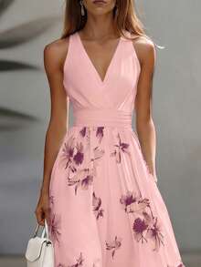 EMERY ROSE Vestido midi elegante con escote en V sin mangas y cintura ceñida, en estilo patchwork AB, para el trabajo y las vacaciones - Multicolor - Ver 3