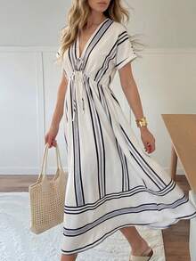 Easowa 女士休闲条纹V领收腰长连衣裙，夏季 - 黑與白 - 查看 1
