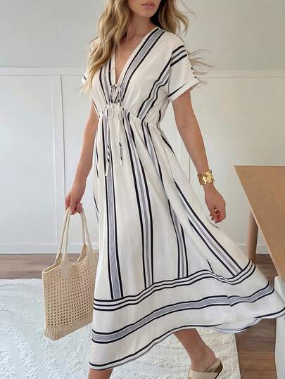 Easowa Women's Casual Striped V-Neck Waist Cinched Long Dress, Summer