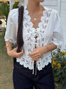 DAZY 女士蕾丝拼接系带短袖优雅夏季衬衫 - 白色 - 查看 7