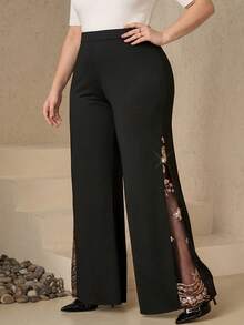 SHEIN PETITE CURVE CURVE 大尺碼女款小個子黑色優雅高腰寬腿褲，蕾絲透視拼接側開衩，秋季辦公儀式派對休閒褲 - 黑色 - 查看 9
