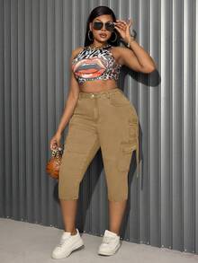 Slaydiva Celana Jeans Skinny Wanita Ukuran Besar Warna Biru Elastis Gaya Vintage dengan Kantong - Khaki - View 7
