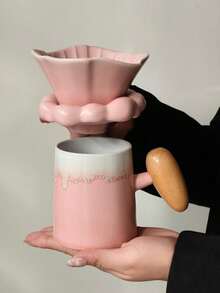 1 Set - Juego de Portafiltro y Taza de Cerámica para Cafetera - Creativo, de Alta Gama, Cerámica de Color Rosa Fluyente - Cafetera de Preparación Manual - Filtro de Café de Cerámica - Embudo. - Multicolor - Ver 2