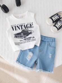 SHEIN 2 piezas Conjunto informal de verano para niño pequeño con top de tirantes con gráfico de coche y pantalones cortos de mezclilla - Multicolor - Ver 4