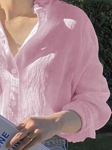 INAWLY 女款素色長袖單排扣休閒基礎辦公野餐襯衫 秋季女裝淺粉色 - 粉色 - 查看 3