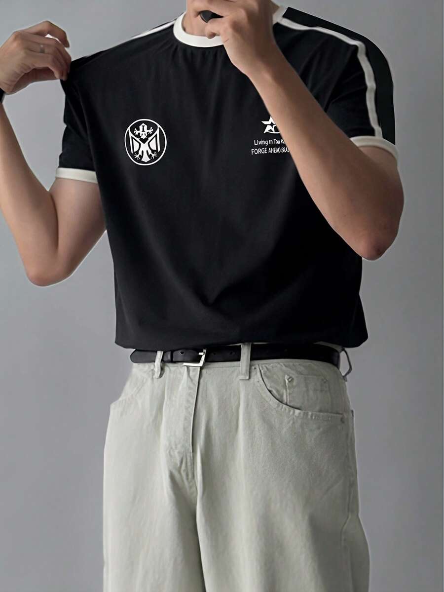 DAZY 男士字母印花拼接撞色领黑色T恤，夏季款 - 黑色 - 查看 1