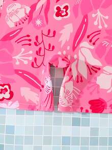 SHEIN Tween Girls One-Piece Swimsuit,Pink,Summer,Cute,Beach,Holiday Tropical Floral Print Long Sleeve Sun Protection Zipper Design Jumpsuit For Vacation - Watermelon Pink - View 4