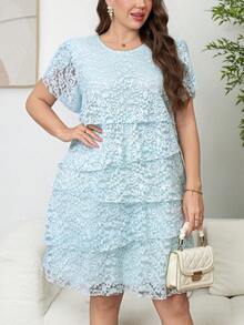 Reflora Đầm ngắn tay peplum cổ tròn ren hoa thanh lịch dành cho nữ cỡ lớn - Màu xanh lam - Xem 2