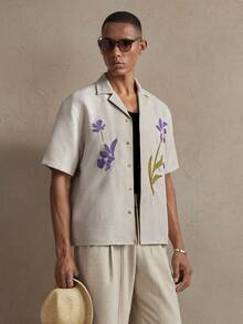 AKNOTIC Business Casual 男士休闲开衫外套，复古花卉印花，春夏新款男士度假装扮，男士保龄球衫，男士度假服，男士亚麻套装，男士度假装，Sumwon - 杏色 - 查看 4