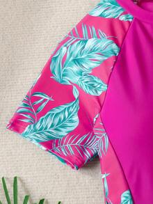 Baju Renang Romper Lengan Panjang Motif Bunga untuk Remaja Putri, Cocok untuk Liburan Musim Panas - Hot Pink - View 3