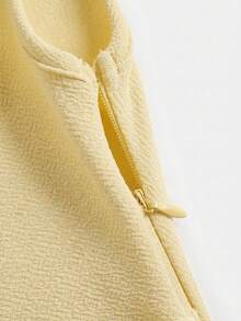 少女藏蓝色纯色不对称领口褶皱蝴蝶结松紧腰休闲优雅连衣裙，适合春夏外出穿着 - 黃色 - 查看 6