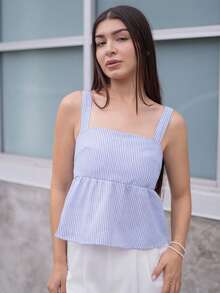 Andrea Bello 夏季新款蓝白条纹露背蝴蝶结领带女衬衫 - 藍色 - 查看 3