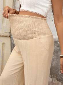 Boho Mama Khaki Stretch Waist Slanted Pocket Linen-Style High-Waisted Linen Pants For Pregnant Women, Perfect For Spring Vacations And Everyday Casual Wear - Apricot - View 5