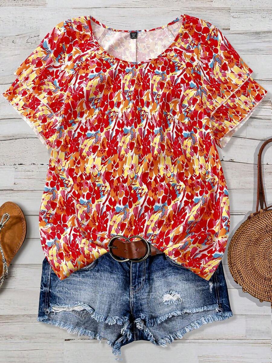 Linhara Plus Size Women Floral Print Romantic Versatile Daily Commute Shirt, Suitable For Spring/Summer - Multicolor - View 1