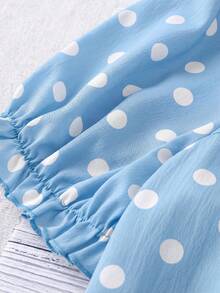 Linhara Plus Size Women's Vintage Polka Dot Puff Sleeve V-Neck Ruffle Trim Loose Light Blue Summer Cute Everyday Casual Blouse,Suitable For Work,Beach,Spring - Multicolor - View 3