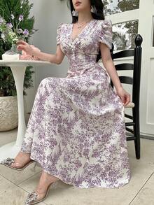 Modelyn Women's Fitted Dress With Cross Neckline Decor, Pearl Button And Puff Sleeves - Purple - View 3