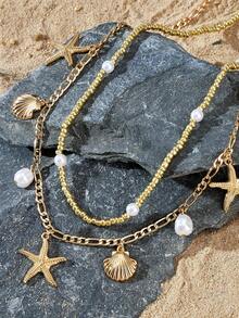 Opalesca 2pcs Bohemian Style Ocean Series Shell & Starfish Beaded Waist Chain For Women - Yellow Gold - View 4