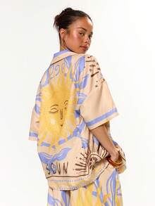 MUSERA Camisa de manga corta con botones y estampado gráfico solar, ideal para vacaciones, festivales, playa, vacaciones en Ibiza, elegante para primavera y verano - Blanco - Ver 4