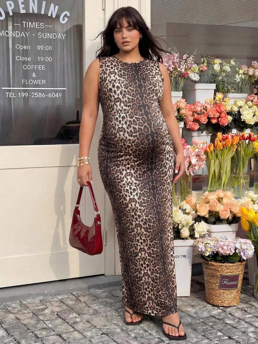 Plussiva Gaun Hamil Ukuran Besar Motif Leopard Leher Bulat Kasual Tanpa Lengan - Coklat - View 1