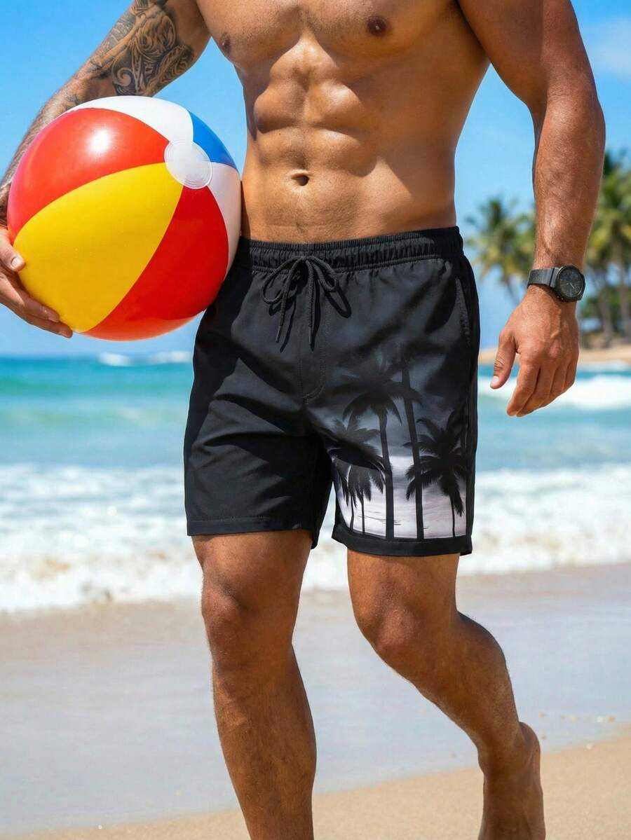Manfinity Swimmode Quần short đi biển nam cỡ lớn, cạp chun, dây rút, có túi, kiểu dáng thoải mái, đa năng cho mùa hè. - màu đen - Xem 1