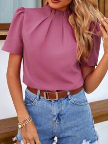 Pariaura Blusa casual de mujer de manga corta con cuello mao, plisada y de unicolor - Morado - Ver 6