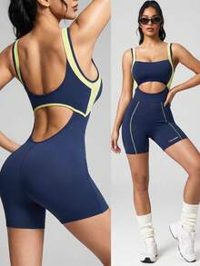 Innovista Innovista Macacão Esportivo Feminino de Tênis sem Mangas e Costas Abertas em Cores Contrastantes Azul Marinho, Verão, Athleisure, Academia, Exercício, Azul Laranja Amarelo - Azul - Visão 9