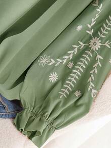 CosyJoli Camisa de manga larga con cuello redondo y estampado floral verde en talla grande - Verde - Ver 6