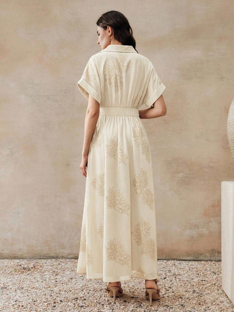 Light Khaki New Summer Elegant Lady-Like V-Neck Embroidered Cinched Waist Long Shirt Dress
