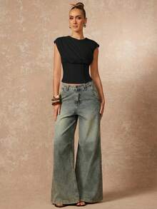 Lumalex 女士休闲圆领褶皱腰部短袖上衣 - 黑色 - 查看 6