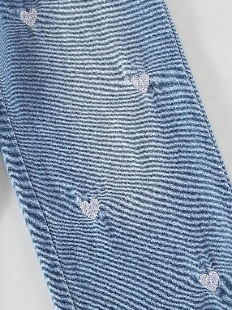 SHEIN Elladie kids Young Girls Y2K Style Jeans, New Fashion White Heart Embroidered Vintage Medium Blue Washed Loose Straight Leg Denim Pants, Soft & Comfortable Fabric, Casual Street Wear, Girls Jeans - Blue - View 4
