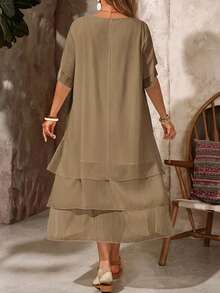 EMERY ROSE Plus Size Casual Dress,White Khaki Round Neck Asymmetrical Flowy Hem,Bohemian Tropical Summer Style,Tea Party Beach Vacation Outfits For Women - Camel - View 2