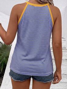 EMERY ROSE Women's Round Neck Sleeveless Popular Blue & White Striped Printed Contrast Yellow Pattern Plus Size Camisole & Tank Top - Multicolor - View 2