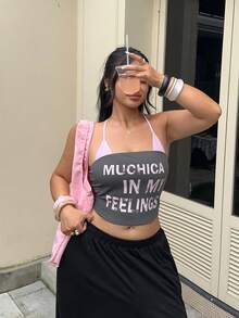 Muchica 春夏新款休闲多功能吊带背心，适合外出、日常穿着、派对、音乐节、返校、毕业典礼、海滩度假、街头风、居家休闲、逛街、城市漫步等场合，可单穿或叠穿。粉色条纹无肩带设计，拼接字母印花，弹力针织面料，罗纹针织胸衣，二合一设计，灰粉色，大码吊带背心。 - 彩色 - 查看 5