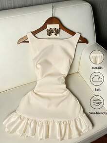 MYSTAURA Đầm slip satin trắng thanh lịch dành cho nữ, cổ vuông, eo thắt, chân váy xếp ly, kiểu dáng sang trọng dành cho tiệc tùng và hẹn hò. - Màu be - Xem 1