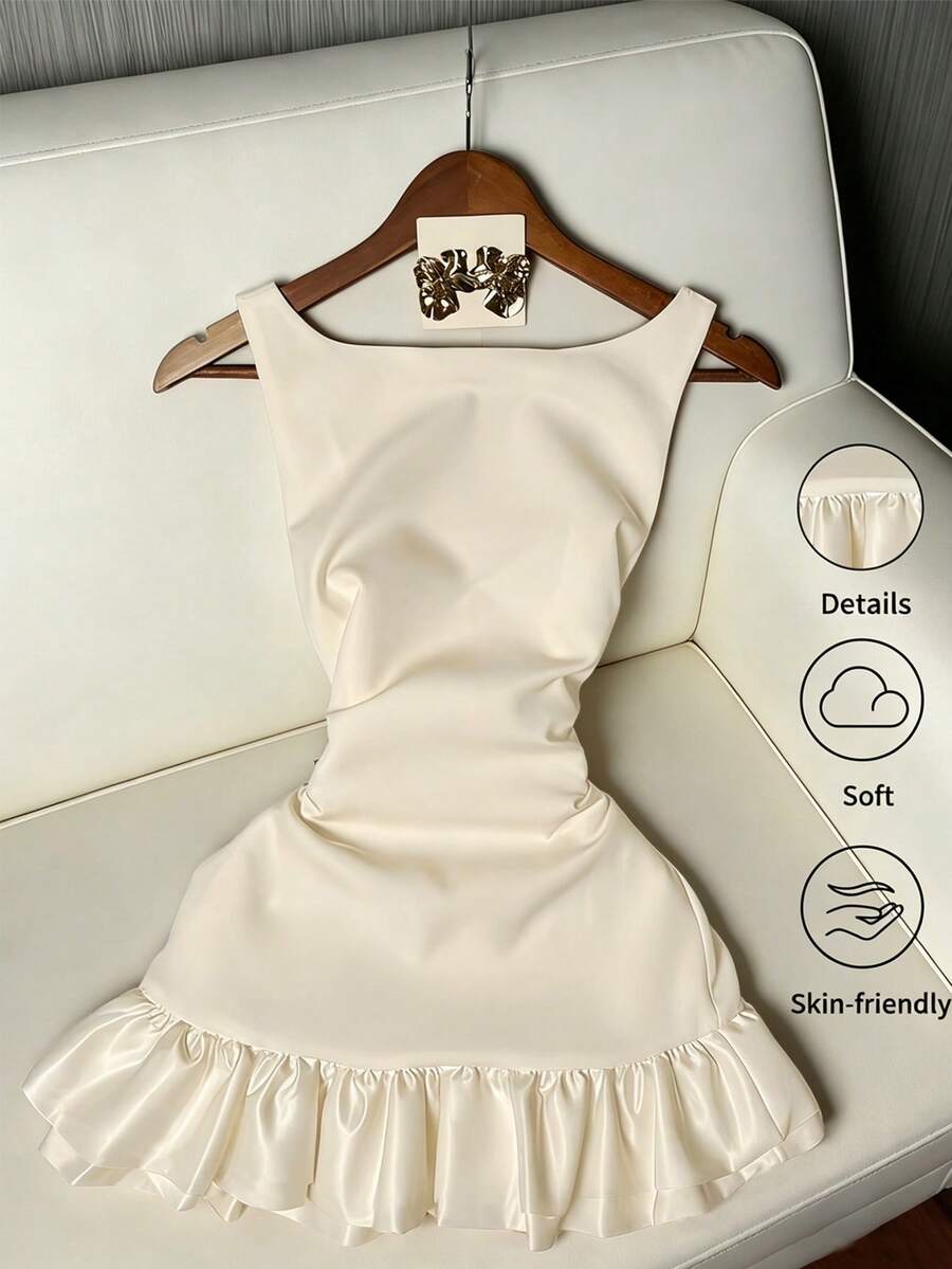 MYSTAURA Đầm slip satin trắng thanh lịch dành cho nữ, cổ vuông, eo thắt, chân váy xếp ly, kiểu dáng sang trọng dành cho tiệc tùng và hẹn hò. - Màu be - Xem 1