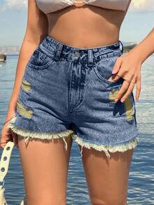 EURMUSE 100%Cotton Back Label Detailed Short With Destroy - Medium Wash - View 4