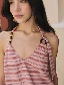 Nöista Striped Halter Top In Soft Pink And Earthy Tones, Featuring A Flattering V-Neckline Adjustable Neck Tie With Decorative Bead Details.Lightweight Flowy - Coral Orange - View 6