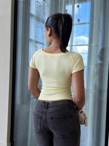 leahseptember Women's Summer Slim Fit Asymmetrical Shoulder T-Shirt, Cocktail Orange Italian Beach VENETO Basic Off Shoulder Top Tee - Yellow - View 2