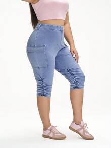 Flexra Plus Size Knitted Denim Cargo Capri Pants - Blue - View 5