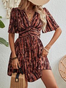 Wandoria Đầm ngắn nữ mùa hè, kiểu dáng thường ngày, in họa tiết tie-dye, thắt eo. - màu nâu - Xem 6