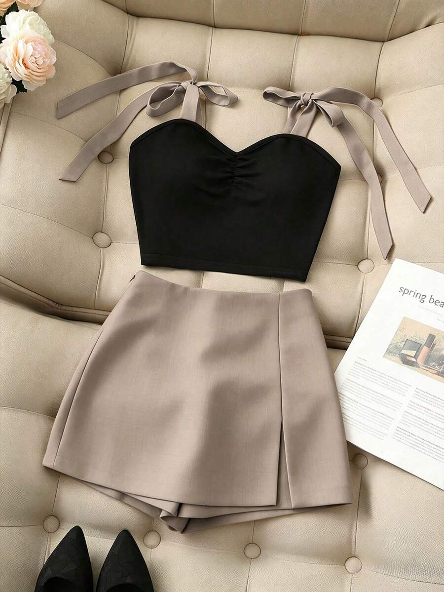 Franclia 夏季新款性感吊带背心，撞色蝴蝶结前褶短款吊带背心+灰色短裤两件套，女士系带腰短裤套装，春夏女士两件套，女士夏季休闲套装，春夏女士服装，撞色女士两件套，女士夏季服装，适合度假、约会 - 卡其色 - 查看 1